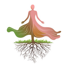 Tree woman roots vector, abstract woman tree roots vector Design, meditation, Design