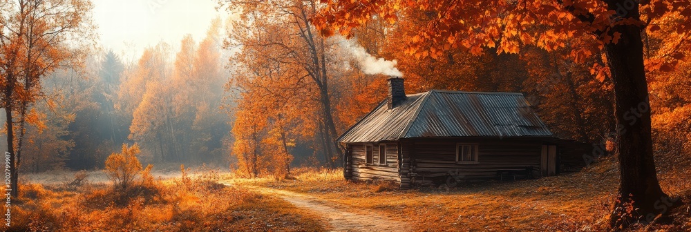 Poster charming rustic cabin surrounded by vibrant autumn foliage in a tranquil forest setting. generative 
