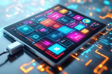Futuristic tablet displays vibrant app icons.