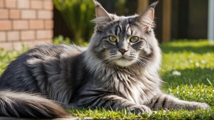 Obraz premium Blue maine coon cat lying outside in the garden