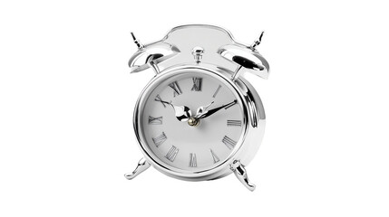 Shiny Silver Alarm Clock with Classic Bell Design Isolated on Transparent Background 