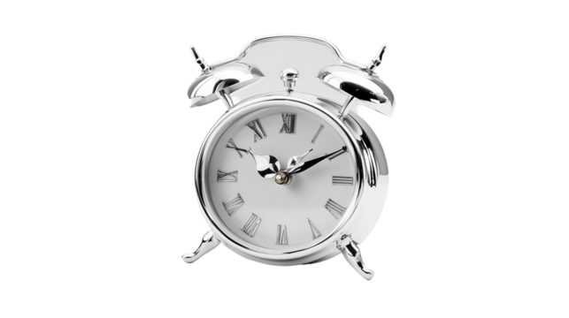 Shiny Silver Alarm Clock with Classic Bell Design Isolated on Transparent Background 