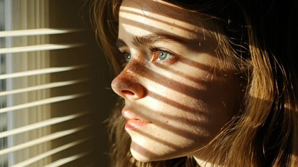 Sunlight streams through blinds, casting shadows on a contemplative young woman's face in a warm indoor setting