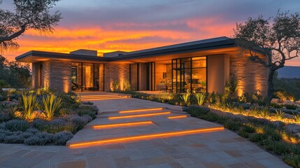 Fototapeta premium Modern House at Sunset with Illuminated Pathway in a Serene Landscape