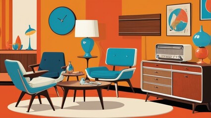Retro 1960s interior design poster with iconic mid-century furniture and decor