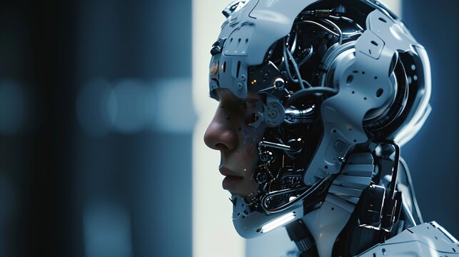 Handsome cyborg standing in a studio, complex head structure, men's brains are cyborgs
