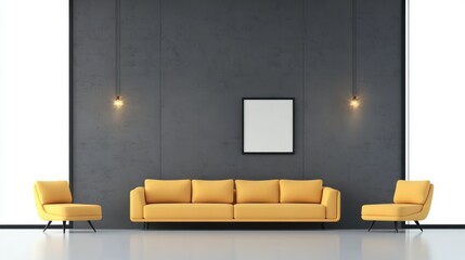 Modern Art Deco Living Room with Turquoise Sofa and Yellow Armchair against Concrete Wall and Window with Poster Frame