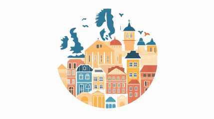 European city skyline illustration, travel guide, map background