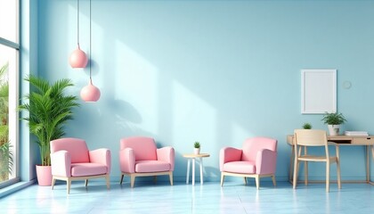 A contemporary living room interior in 3D rendering featuring a bold pink armchair, sleek modern furniture, and a blank blue wall mock-up, designed for versatile stock photography