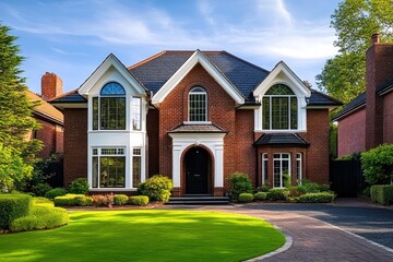 Fototapeta premium Charming Victorian Red Brick Family Home with Landscaped Front Yard and Black Roof Tiles