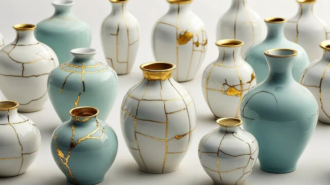 Beautifully crafted ceramic vases showcasing intricate kintsugi art in a serene display on a light background