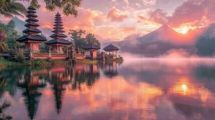Fototapeta premium Sunrise over Ulun Danu Temple, Bali. (2)