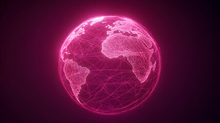 Glowing pink digital Earth, global network connections, dark background, technology concept