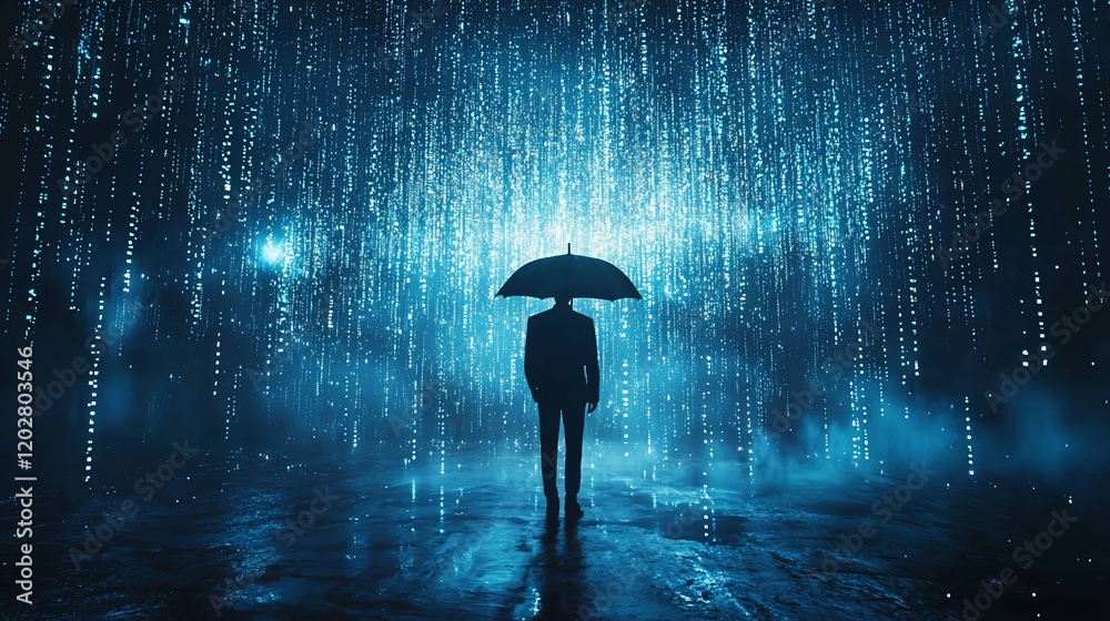 Poster man in suit with umbrella standing in digital rain.