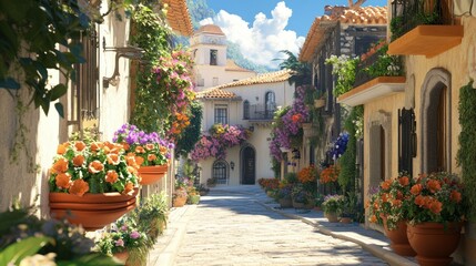 Fototapeta premium A photorealistic scene of colonial architecture with wide streets, detailed stucco designs, and vibrant flowers in window boxes under bright sun, 4K render