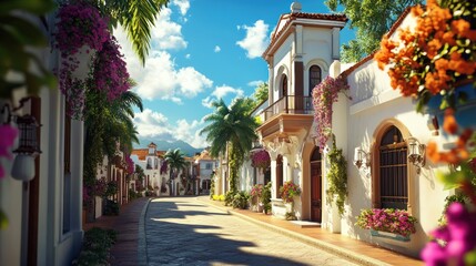 Fototapeta premium A photorealistic scene of colonial architecture with wide streets, detailed stucco designs, and vibrant flowers in window boxes under bright sun, 4K render