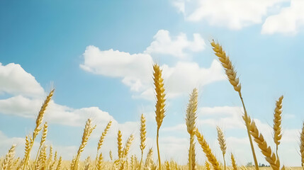 Fototapeta premium Golden wheat field under a blue sky with fluffy clouds; perfect for agricultural or food-related content
