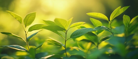 Obraz premium Sun-drenched green leaves bask in warm light, celebrating the essence of life and vitality in a lush, verdant setting.