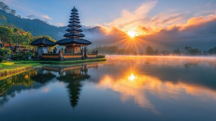 Fototapeta premium Sunrise over Ulun Danu Temple, Bali.