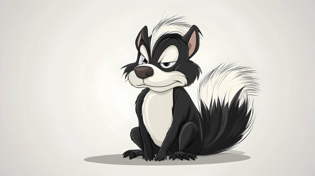 Grumpy cartoon skunk sitting, neutral background, illustration for children's book or website