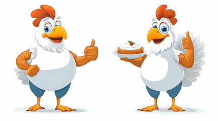 Obraz premium Happy cartoon roosters giving thumbs up, one holding a cake, against white background; ideal for food, restaurant, or farm branding