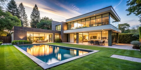 Fototapeta premium Modern luxury home with expansive windows, inviting pool, and lush green lawn at dusk