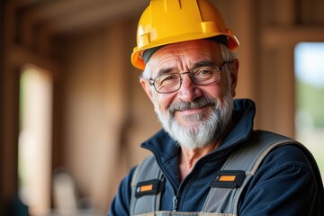 Portrait of Experienced Senior Construction Worker with Hard Hat and Warm Smile in a Building Site Setting, Emphasizing Skill, Wisdom, and Dedication to the Trade
