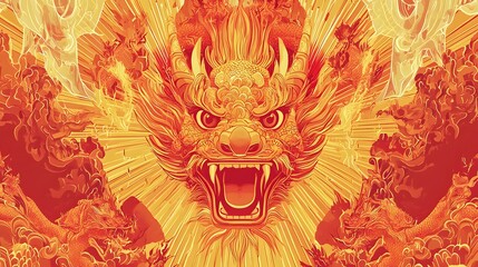 Fototapeta premium Fiery Dragon Head Chinese Mythology Art Orange Gold Detailed Illustration