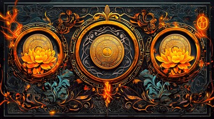 Obraz premium Golden Lotus Mandala Asian Art Intricate Floral Design Ornate Circular Frames Dark Background
