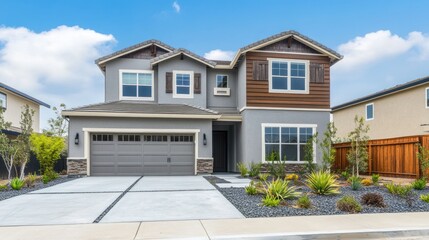 A stylish two-story house with gray stucco walls, wooden siding, and a parking area on the right side, large windows allowing natural light, 4K vivid realism
