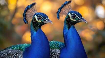 Two peacocks side by side, close-up.