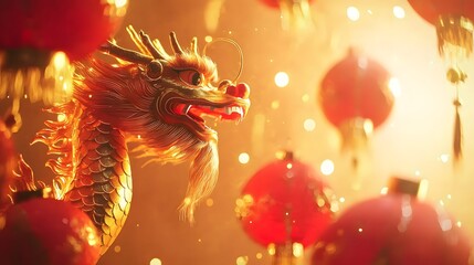 Obraz premium Golden Dragon Statue with Red Lanterns Chinese New Year Celebration