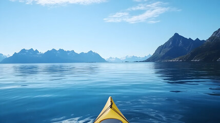 Kayaking serene fjord, mountains backdrop, summer adventure, travel postcard