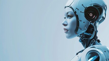 Good looking cyborg standing in a studio, European supermodel with robotic features