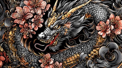 Majestic Asian Dragon with Cherry Blossoms Intricate Gold and Grey Tattoo Style Artwork