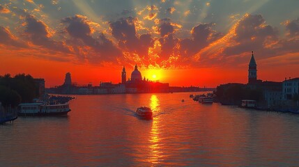 Naklejka premium Venice sunset with boats and church silhouette.