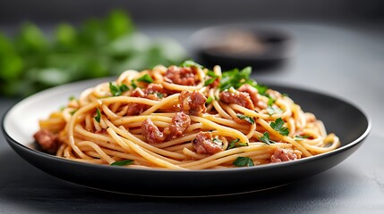 Close-up of a plate of spaghetti with sausage and parsley
