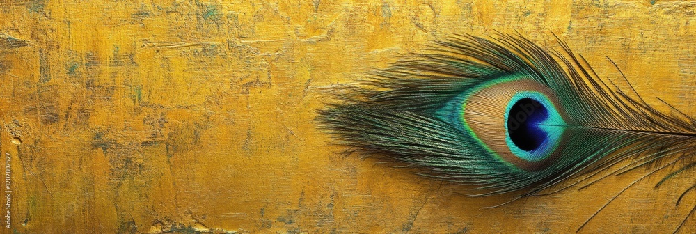 Fototapete Vivid peacock feather resting on golden surface showcasing intricate colors and patterns in natural light. Generative AI