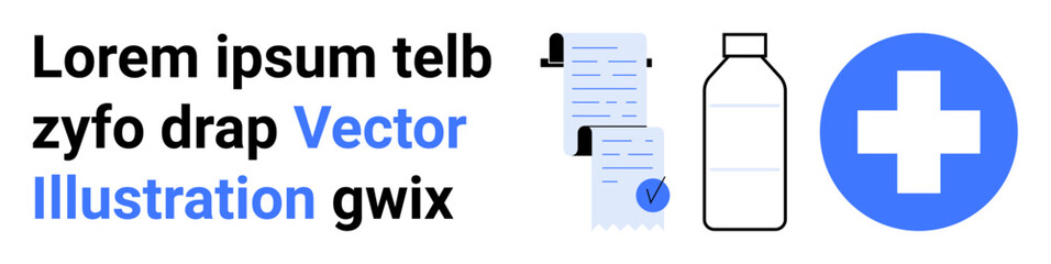 Medical forms with a clipboard and paper, a water bottle, and a blue health plus symbol. Ideal for healthcare, medical documentation, wellness programs, fitness, hydration reminders, health services