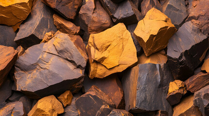Orange and brown rocks texture, close-up, geological background, industrial use