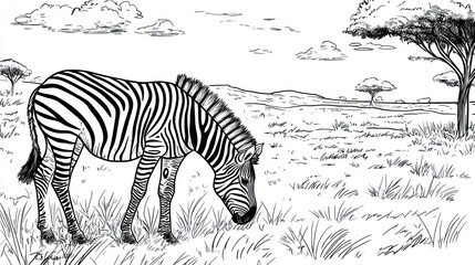 A zebra grazing under a clear sky, surrounded by thick lines of grass and distant trees for an easy-to-color natural scene