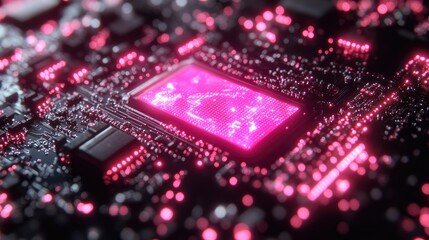 A close-up view of a circuit board with glowing pink elements, showcasing technology and innovation.