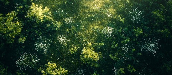 Aerial View of Lush Green Forest with White Blossoms
