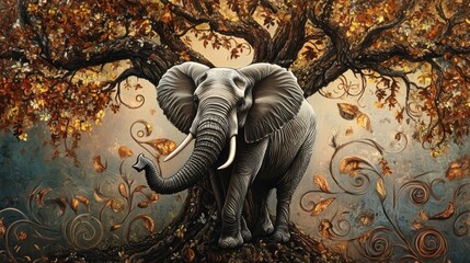 An African elephant standing under a large tree with swirling artistic patterns of leaves and vines filling the scene