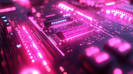 Obraz premium A close-up view of a futuristic circuit board illuminated with vibrant pink lights, showcasing technology.