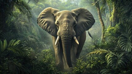 An African forest elephant standing gracefully in the heart of a dense tropical jungle, surrounded by towering trees and vibrant greenery.
