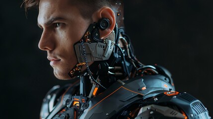 Portrait of a handsome cyborg, upper body, mix of cyborg and human head, masculine