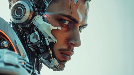 Portrait of a handsome cyborg, upper body, mix of cyborg and human head, masculine