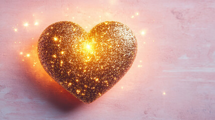 Fototapeta premium bright gold glitter heart sparkles on soft blush background, radiating joy