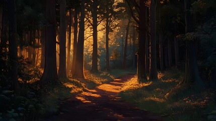 Fototapeta premium Golden Sunlight Illuminates Forest Path Trees